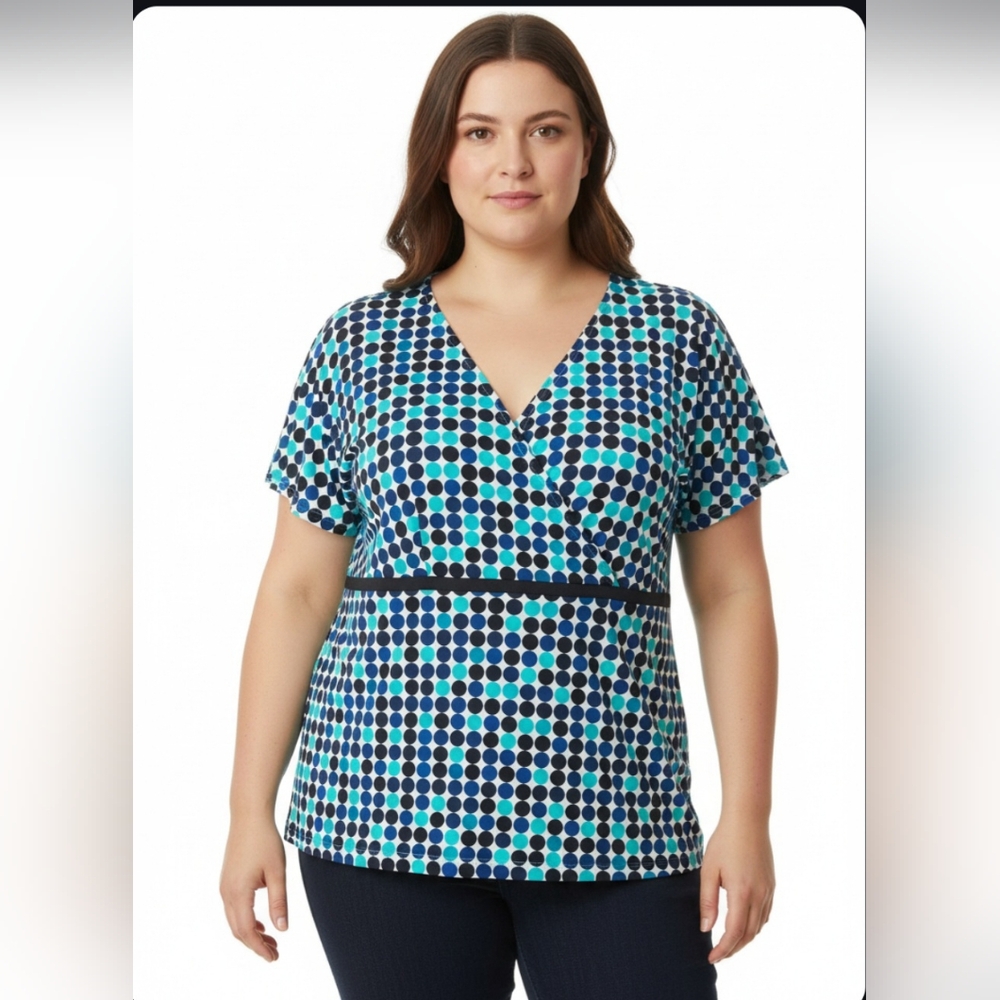 Cato Teal Blue Black Geometric Dot Short Sleeve Top NWOT 22/24W